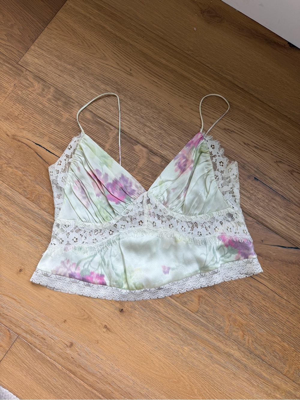LoveShackFancy Floral Lace Trim Cami Silk Top